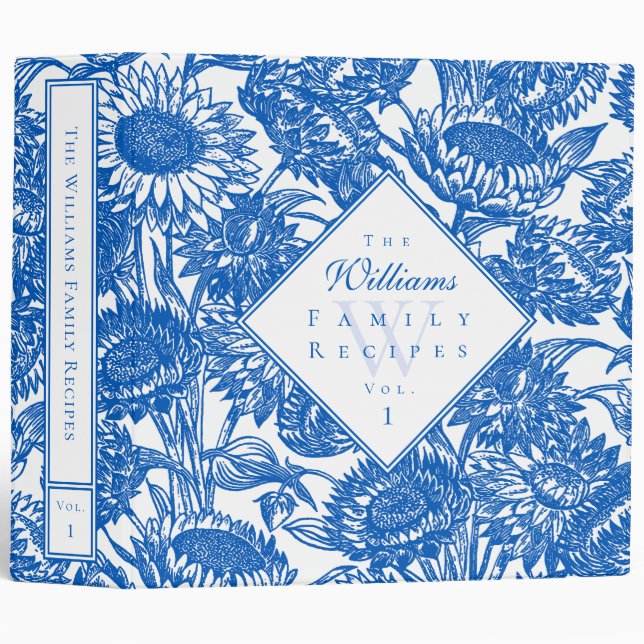Blue Sunflowers On White Recipe Binder (Front/Spine)
