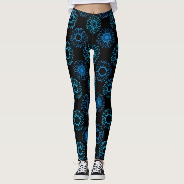 Blue Sunflowers Pattern Black BG Leggings (Front)