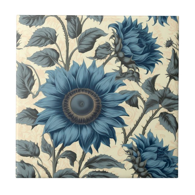 Blue sunflowers pattern ceramic tile (Front)