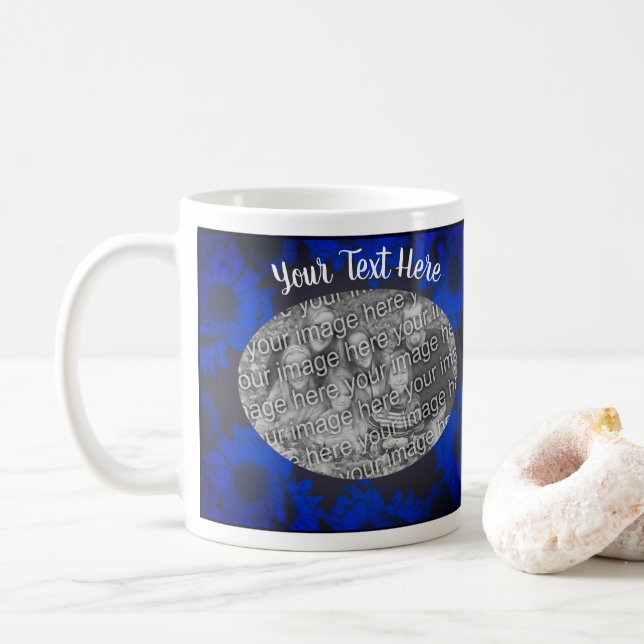 Blue Sunflowers Photo Frame Personalized  Coffee Mug (With Donut)