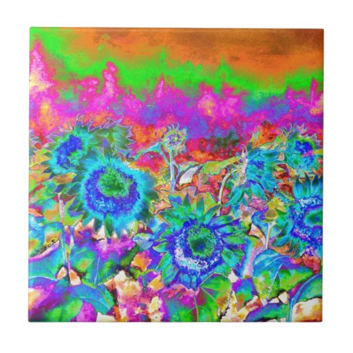 Blue Sunflowers pink purple floral retro funky Ceramic Tile