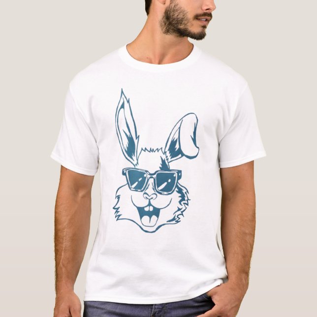 Blue Sunglass Bunny Line Art T-Shirt (Front)