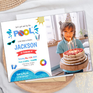 Blue sunglass Pool Birthday Invitations w photo