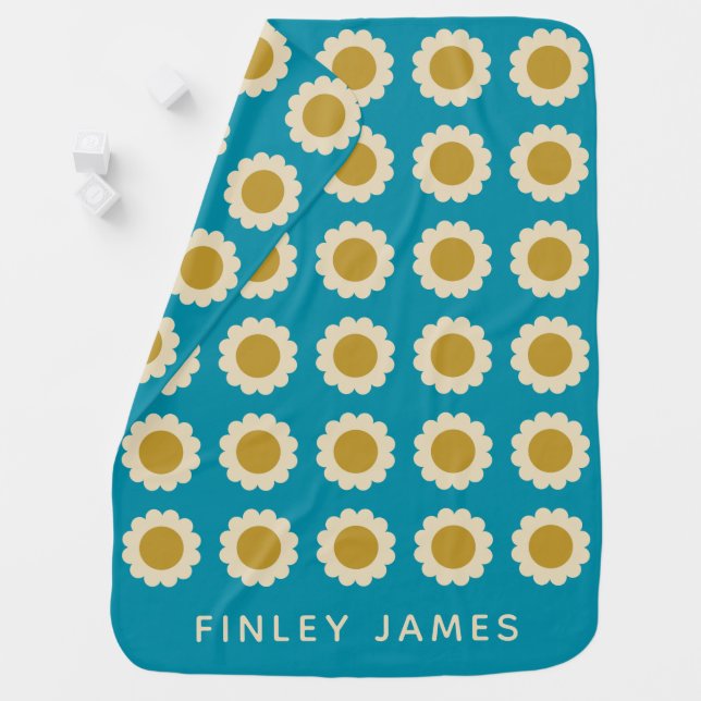 Blue Sunny Retro Sunflower Personalized Name Cute Baby Blanket (In Situ)