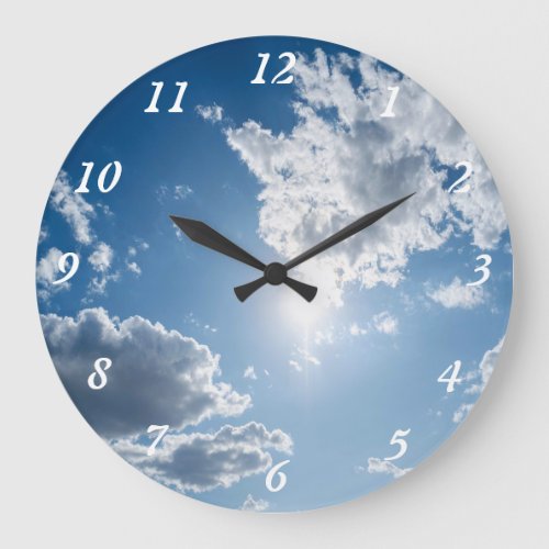 Blue Sunny Sky with White Clouds Large Clock