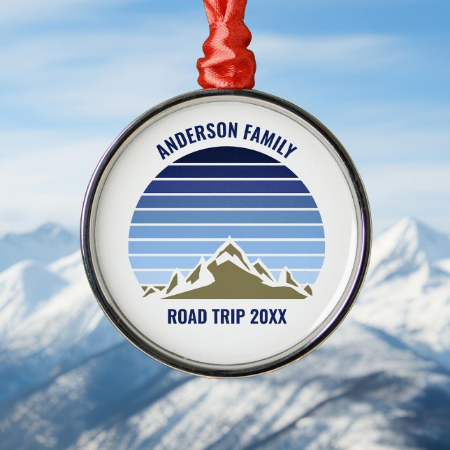 Blue Sunset Mountain Custom Family Reunion Trip Metal Ornament (Creator Uploaded)