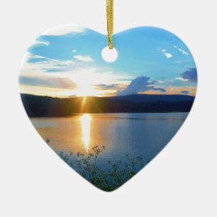 Blue sunset on lake ceramic ornament