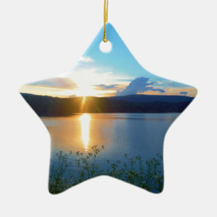 Blue sunset on lake ceramic ornament