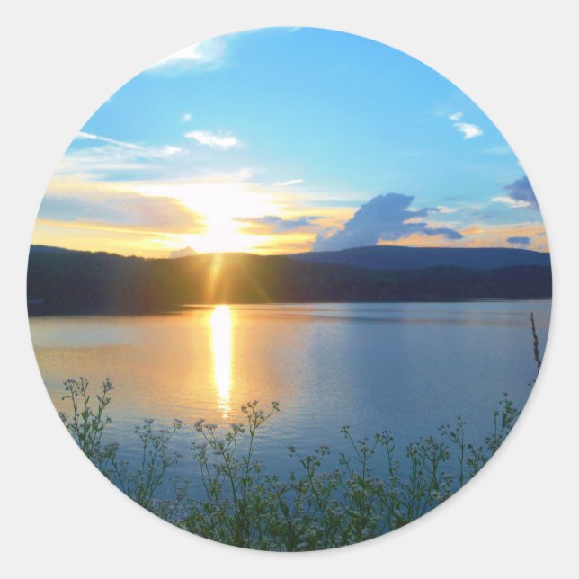 Blue sunset on lake classic round sticker (Front)