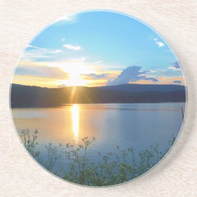 Blue sunset on lake coaster (Front)