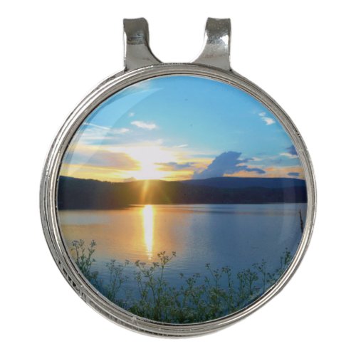 Blue sunset on lake golf hat clip