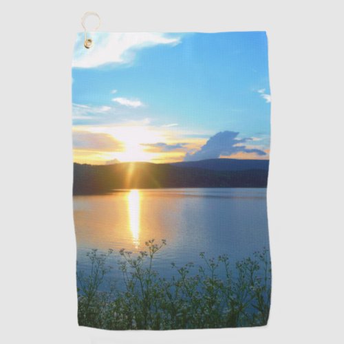 Blue sunset on lake golf towel