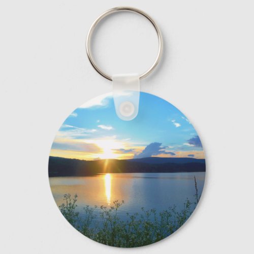 Blue sunset on lake keychain