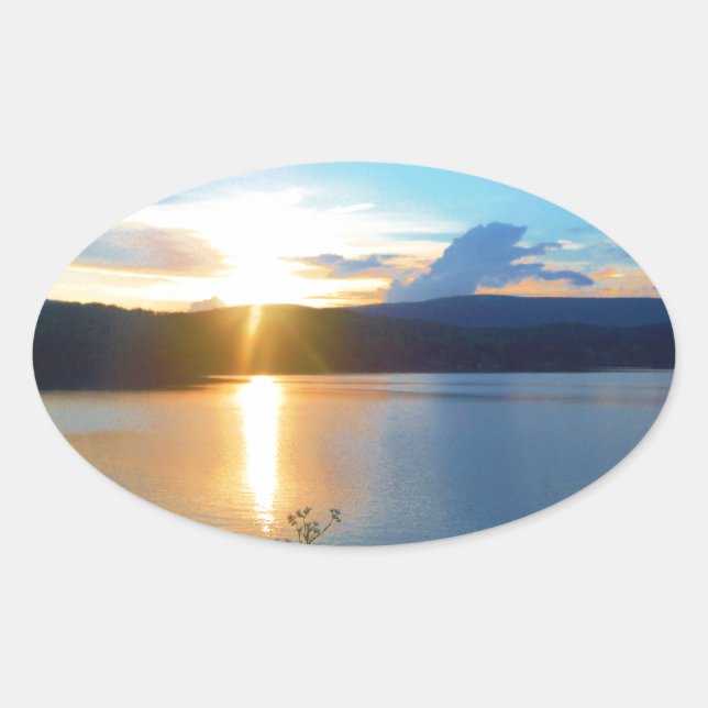 Blue sunset on lake oval sticker (Front)