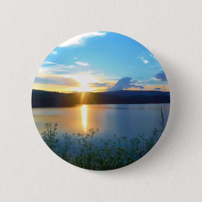 Blue sunset on lake pinback button (Front)
