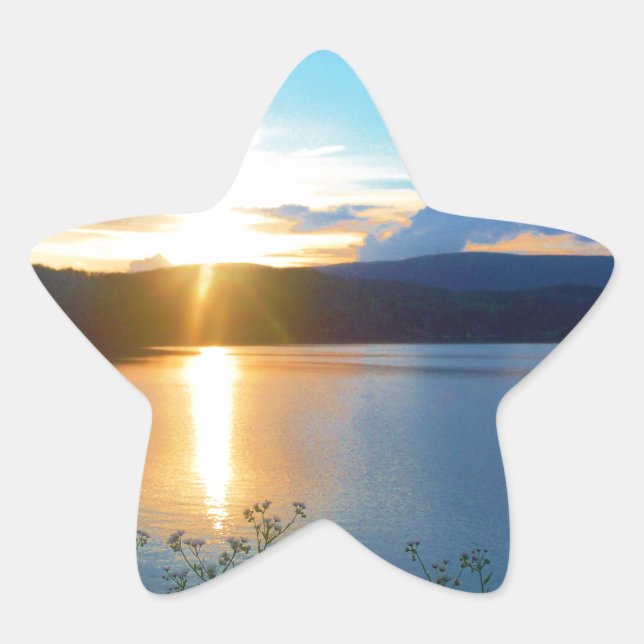 Blue sunset on lake star sticker (Front)