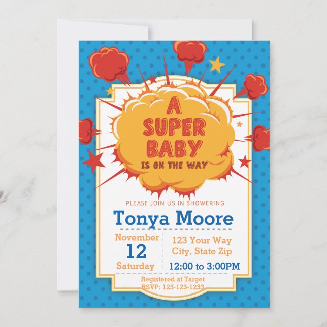 Blue Super Baby Shower Invitation (Front)