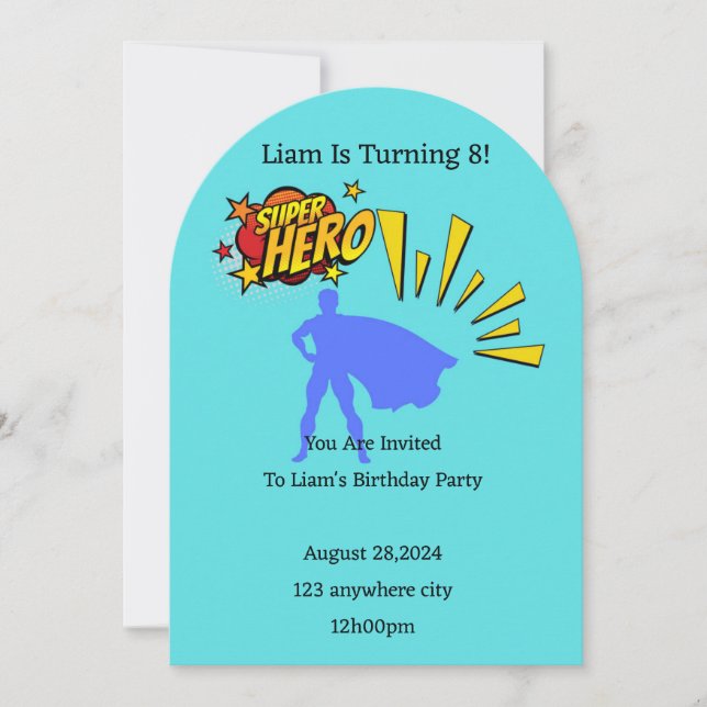 Blue superhero birthday invitation  (Front)