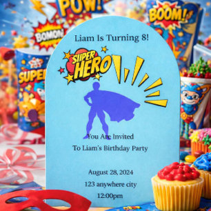 Blue superhero birthday invitation 