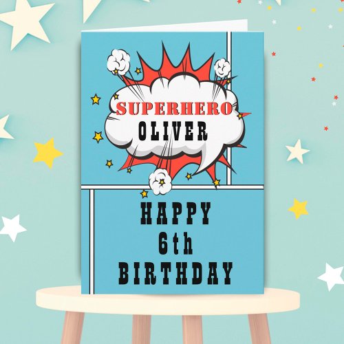 Blue Superhero Comic Speech Bubble Boy Birthday Card