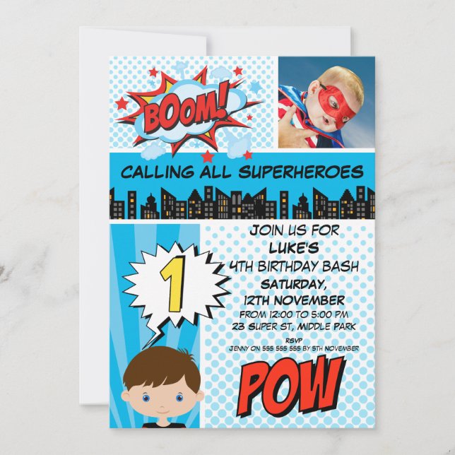 Blue Superhero Photo 1st Birthday Party Invitation (Front)
