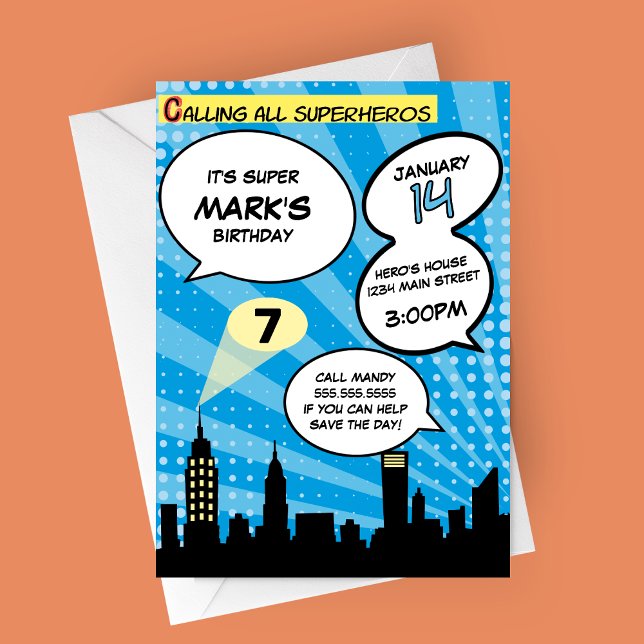 Blue Superheros Comic Book Styled Birthday Party Invitation (Blue Comic Book Superheros Birthday Party Invitation)