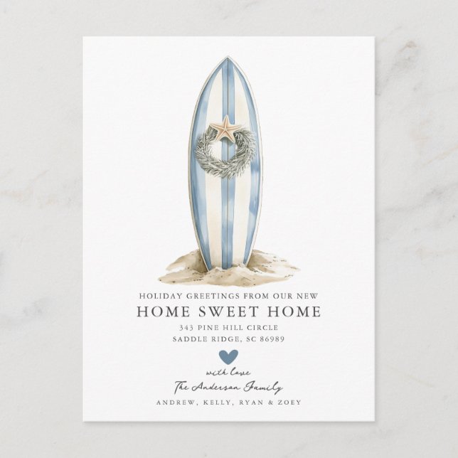 Blue Surfboard Christmas Moving Announcement Postcard (Front)