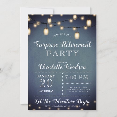 Blue Surprise Retirement Party String Lights Invitation