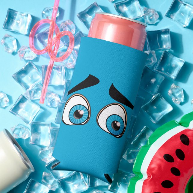 Blue Surprised Eyes Funny Can Cooler Customizable (In Situ Summer)