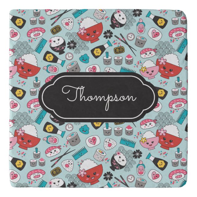 Blue Sushi Pattern Kawaii Kitchen Trivet (Front)
