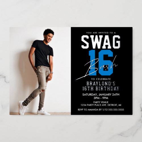 Blue Swag 16 Birthday Foil Invitation