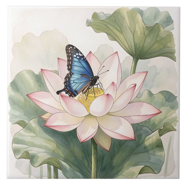 Blue Swallowtail Butterfly With Lotus Flower Art Ceramic Tile (Front)