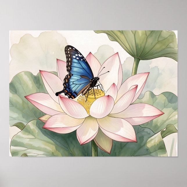  Blue Swallowtail Butterfly With Lotus Flower Art Poster (Front)