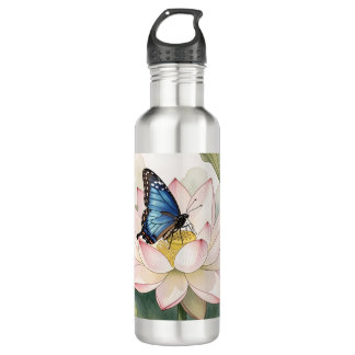  Blue Swallowtail Butterfly With Lotus Flower Art Stainless Steel Water Bottle