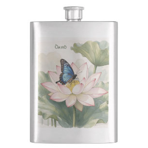 Blue Swallowtail Butterfly With Lotus Flower Name Flask