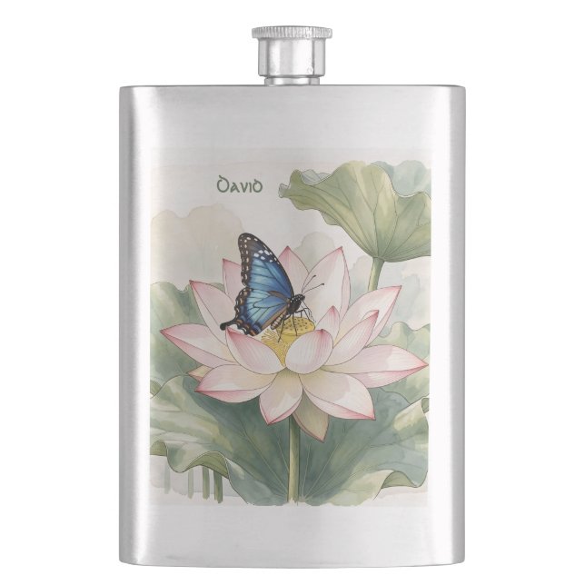 Blue Swallowtail Butterfly With Lotus Flower Name Flask (Front)