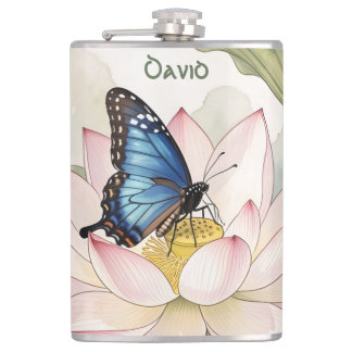 Blue Swallowtail Butterfly With Lotus Flower Name Flask