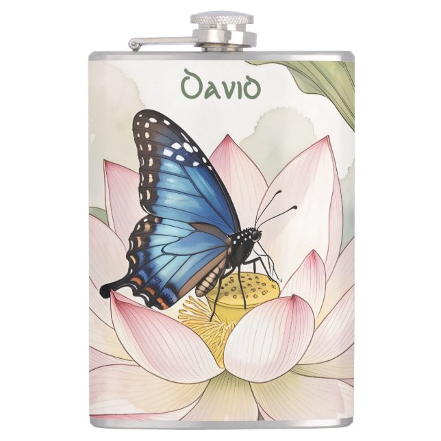 Blue Swallowtail Butterfly With Lotus Flower Name Flask (Front)