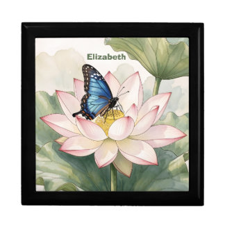Blue Swallowtail Butterfly With Lotus Flower Name Gift Box