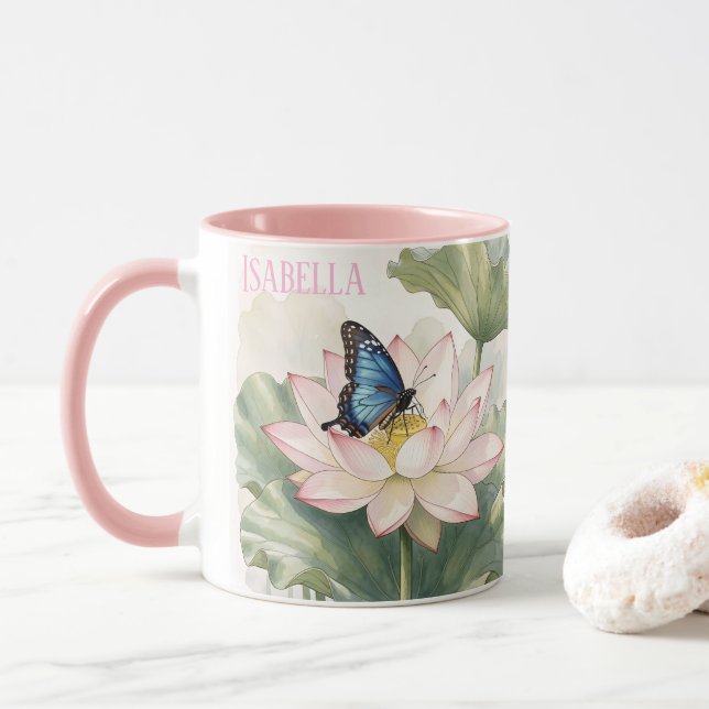 Blue Swallowtail Butterfly With Lotus Flower Name Mug (With Donut)