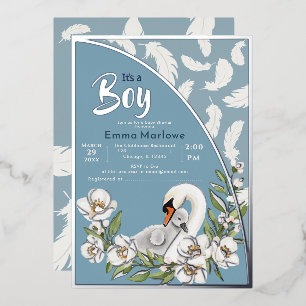 Blue Swan Baby Foil Invitation