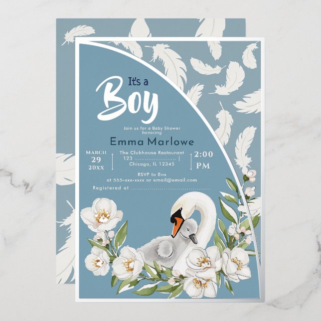 Blue Swan Baby Foil Invitation (Front/Back)