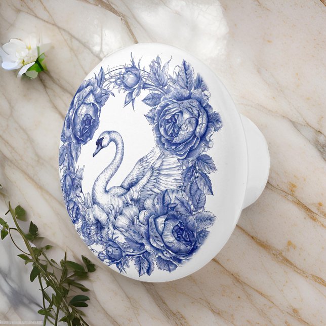 Blue Swan Rose Floral Border Ceramic Knob (Creator Uploaded)