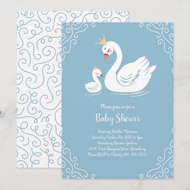 Blue Swans Baby Shower Bird with Crown Invitation (Front/Back)