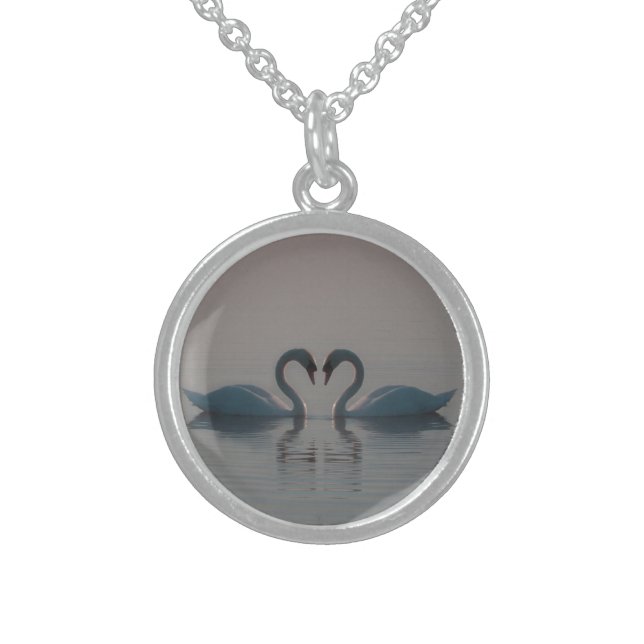 Blue Swans Must Be Love Heart on Water Sterling Silver Necklace (Front)