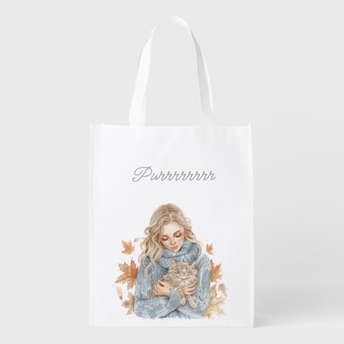 Blue Sweater Blond Female Cat Purrrrr Leaf Grocery Bag