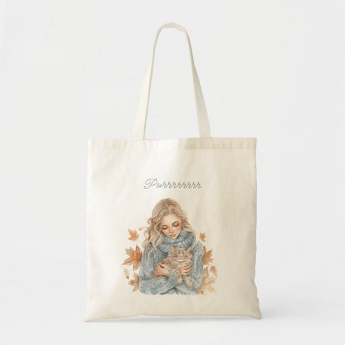 Blue Sweater Blond Female Cat Purrrrr Leaf Tote Bag