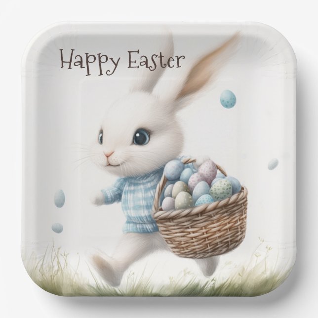 Blue Sweater Bunny | Watercolor Easter Plate (Front)
