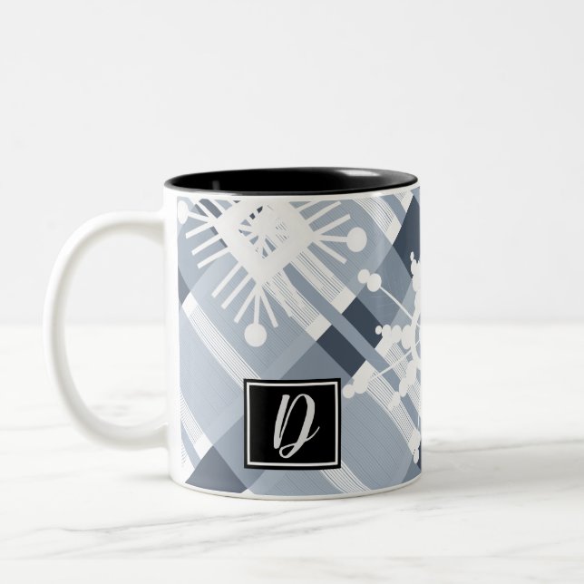 Blue Sweater Plaid Initial Snowflake Christmas Two-Tone Coffee Mug (Left)