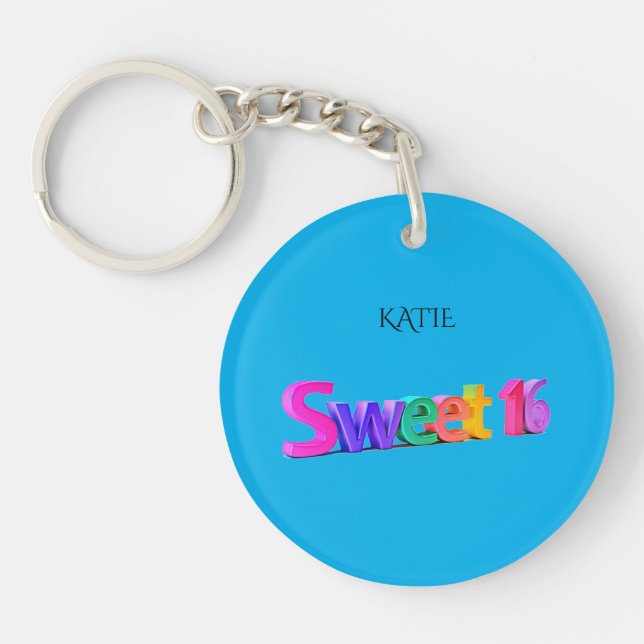 Blue sweet 16 acrylic keychain, custom name. keychain (Front)